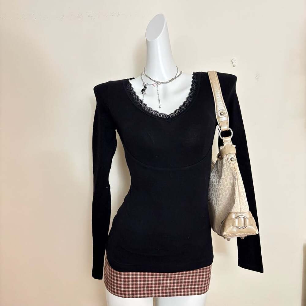 Black Long Sleeve Top Lace Trim Scoop Neck Velour Panel Y2K Style
